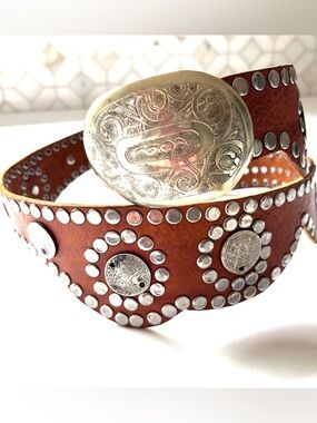 Studded Brown Genuine Leather Belt with Silver Buckle and genuine coins accent